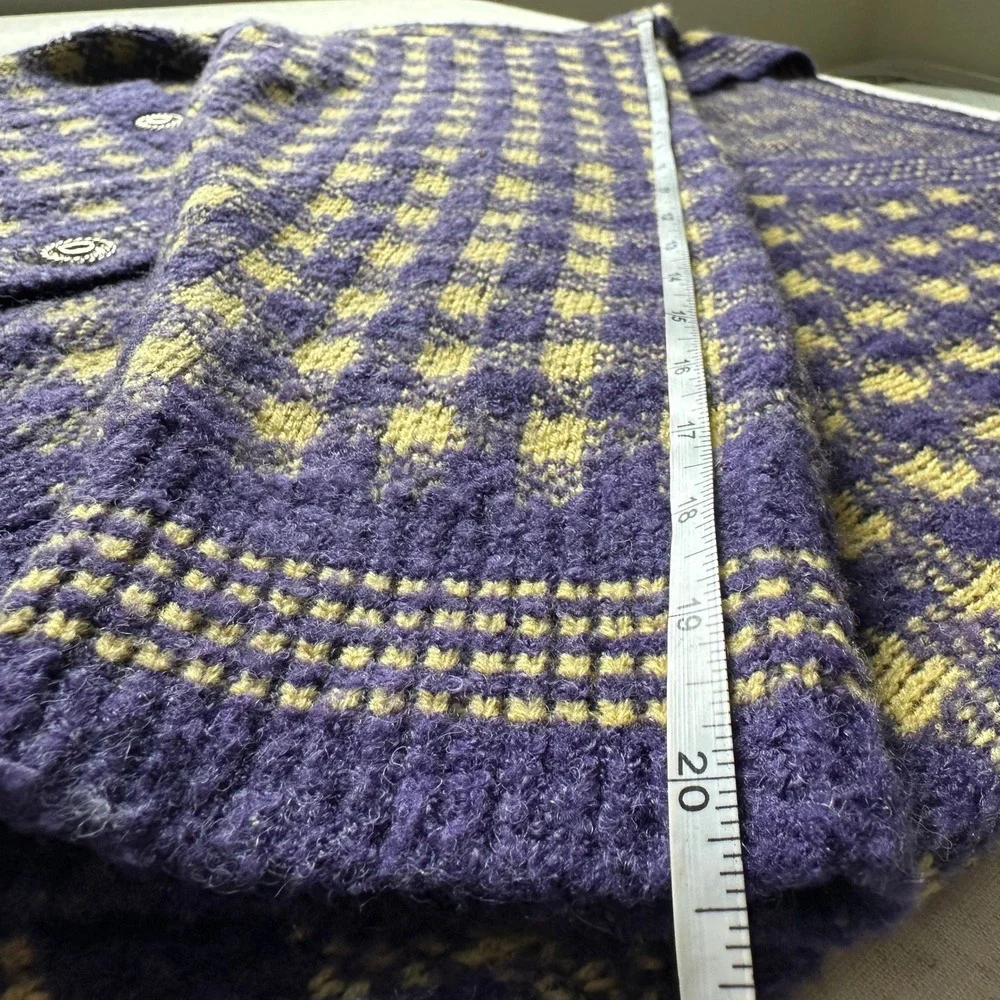Check Tweed Yellow Purple Fuzzy Knit Cardigan V-Neck Button Front Sweater